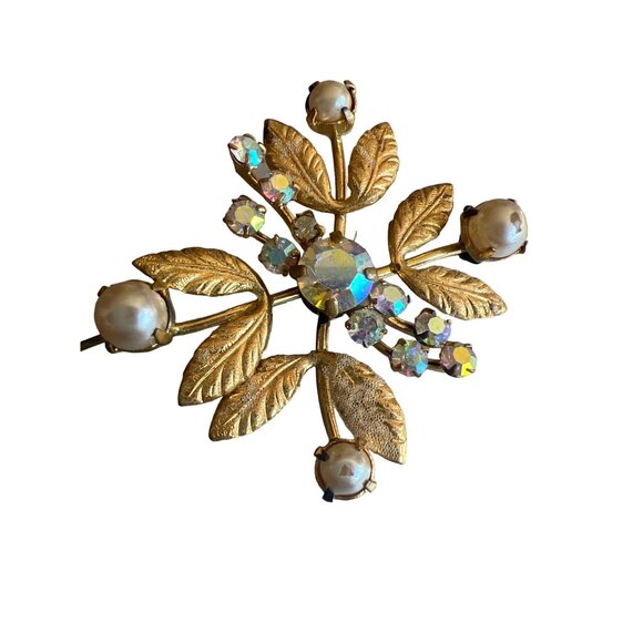 Vintage Made in Austria Gold Tone Aurora Borealis AB Crystals Etched Leaves - Picture 9 of 11